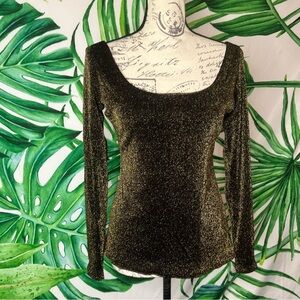 Angelo Lambrou Boutqiue XS NYE Party Holiday Black Gold Shimmery Boat Neck Top